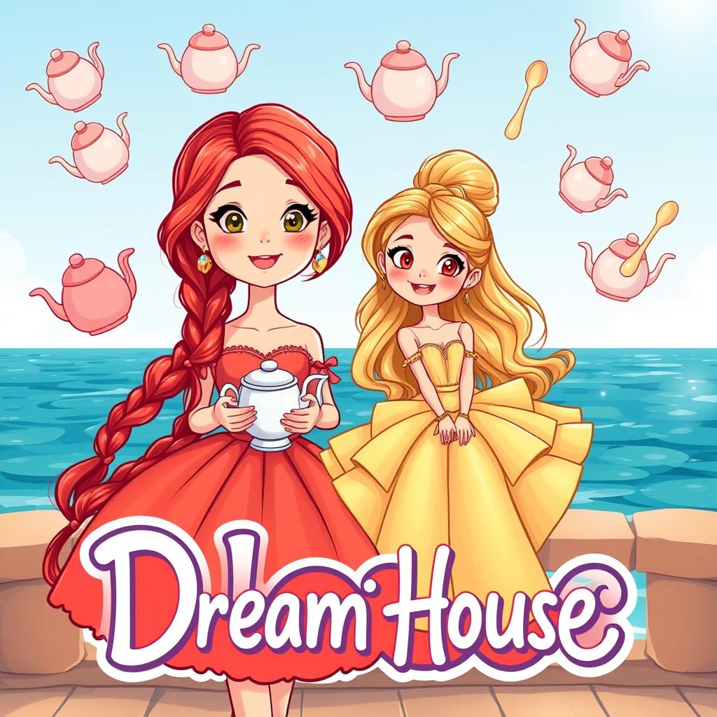 A whimsical cartoon-style illustration featuring a girl with long red hair braided, holding a teapot and cup in her hands