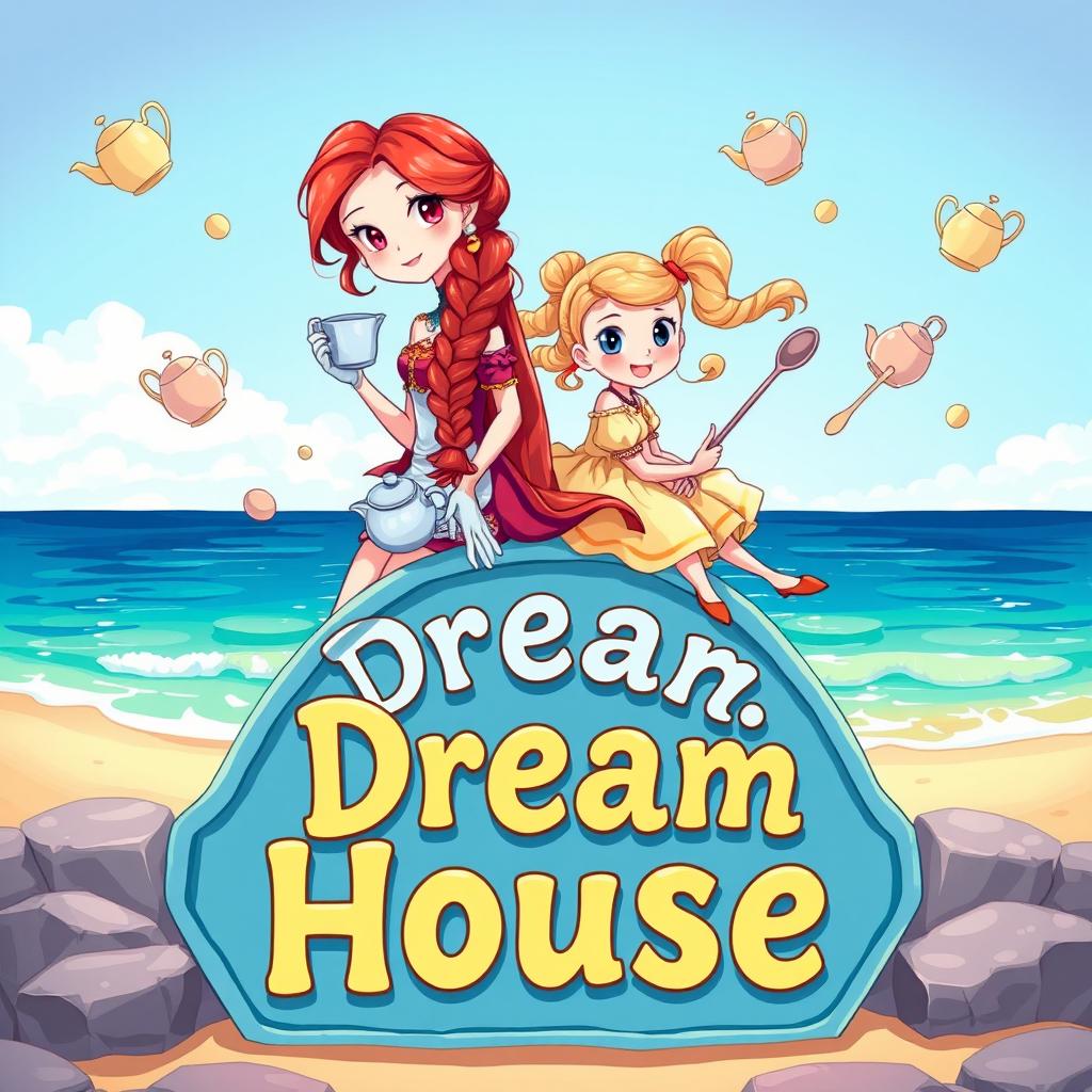 A vibrant cartoon image showcasing two girls near the sea, illustrated in a whimsical style
