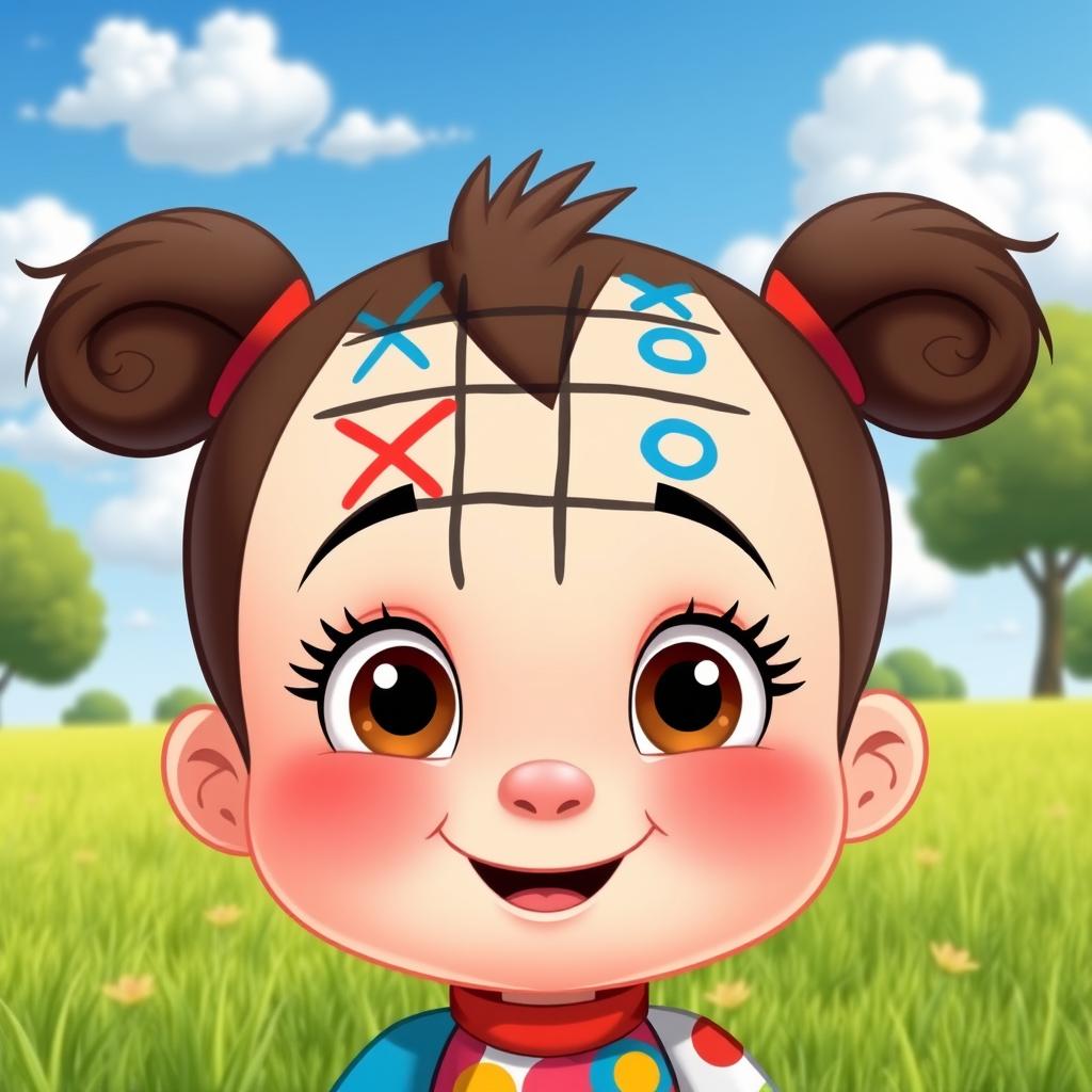 A whimsical cartoon character with a playful expression, featuring a tic tac toe grid drawn on their forehead