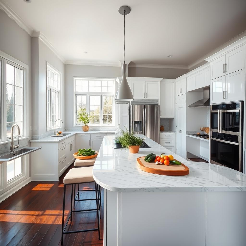 A beautifully designed kitchen interior, featuring a modern, sleek look with a large island in the center topped with gleaming marble