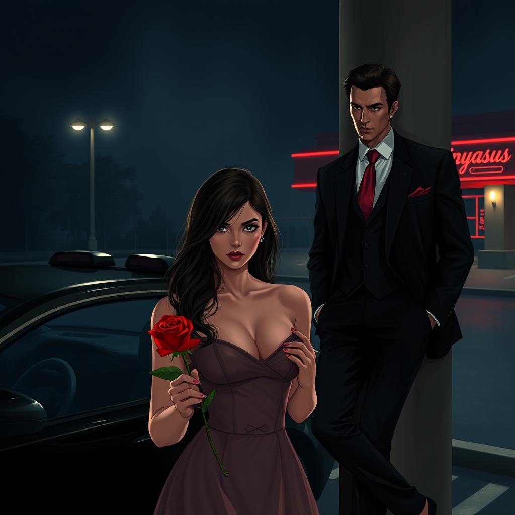 A cinematic illustration for a Wattpad cover (1290x350) featuring Celeste Valmont in a dimly lit parking lot outside Club Dionysus