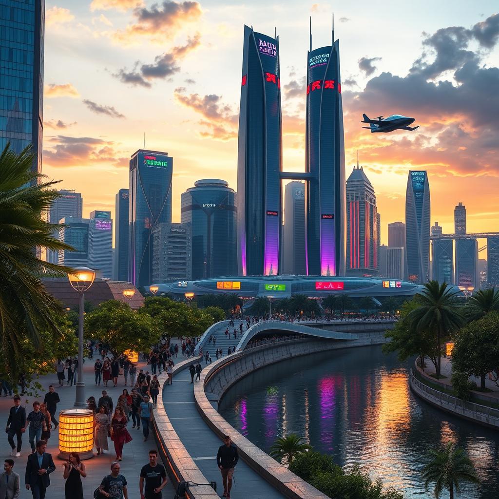 A futuristic cityscape at sunset, showcasing tall skyscrapers with neon lights and flying cars