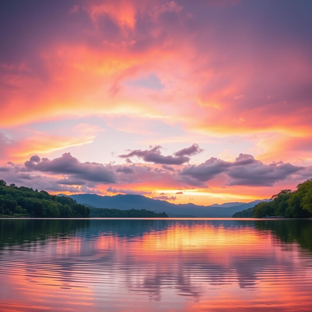 A beautifully retouched photo of a serene landscape featuring a vibrant sunset over a calm lake, surrounded by lush green trees and distant mountains