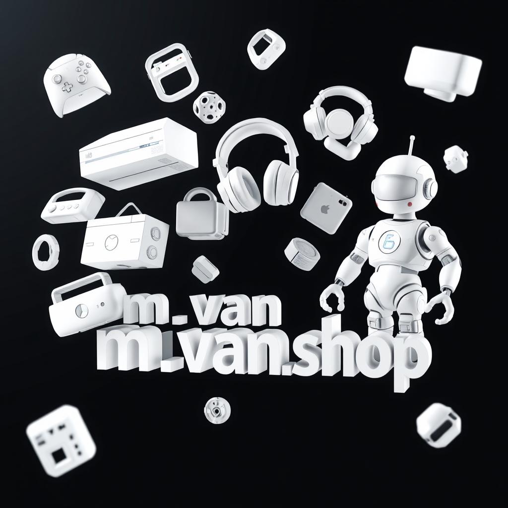 A modern 3D image featuring attractive floating and moving icons in space, composed of sleek, modern white icons including an Xbox, headphones, various gadgets, and a humanoid robot designed in a pop-out style