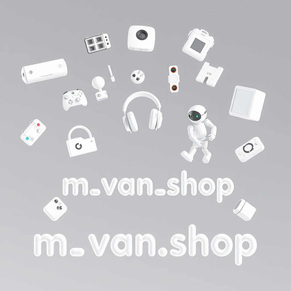 A modern 3D image featuring attractive floating and moving icons in space, composed of sleek, modern white icons including an Xbox, headphones, various gadgets, and a humanoid robot, all designed in a pop-out style