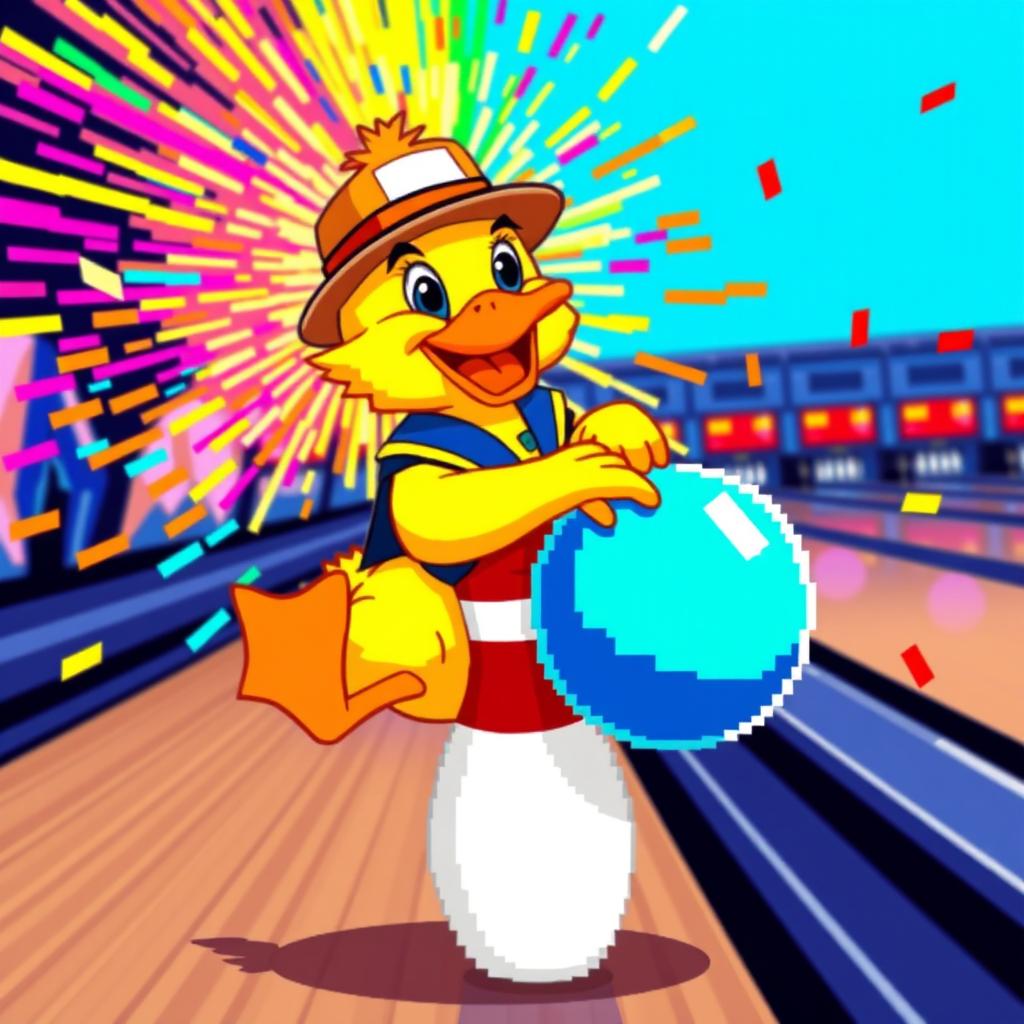 A pixelated yellow duck character, styled in pixel art, is dramatically leaning on a bowling pin