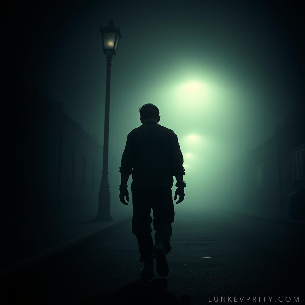 A solitary man trudging down a dimly lit, fog-covered street at night, his figure partially obscured by the thick fog