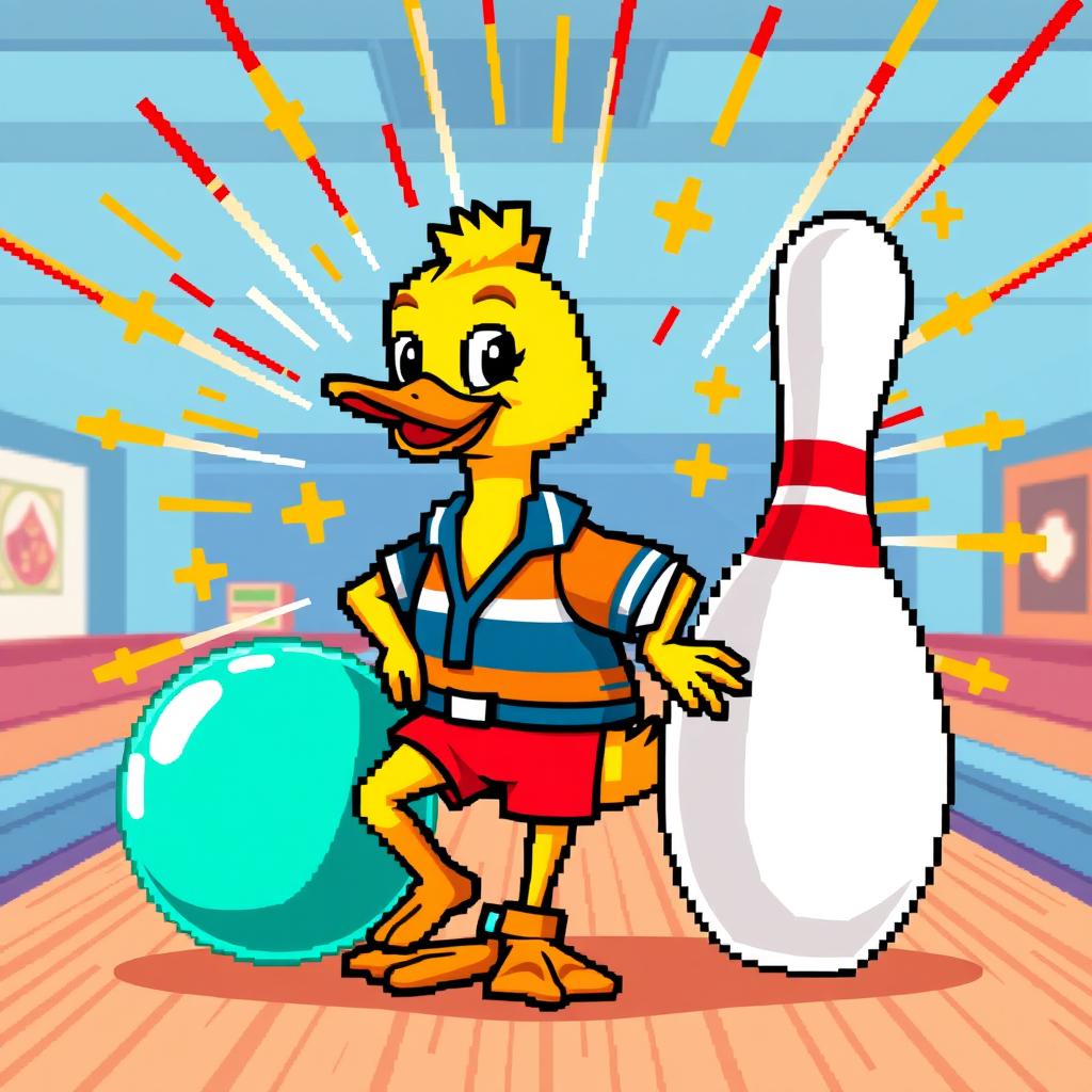 A pixelated yellow duck character, styled in pixel art, is standing proudly while leaning against a bowling pin