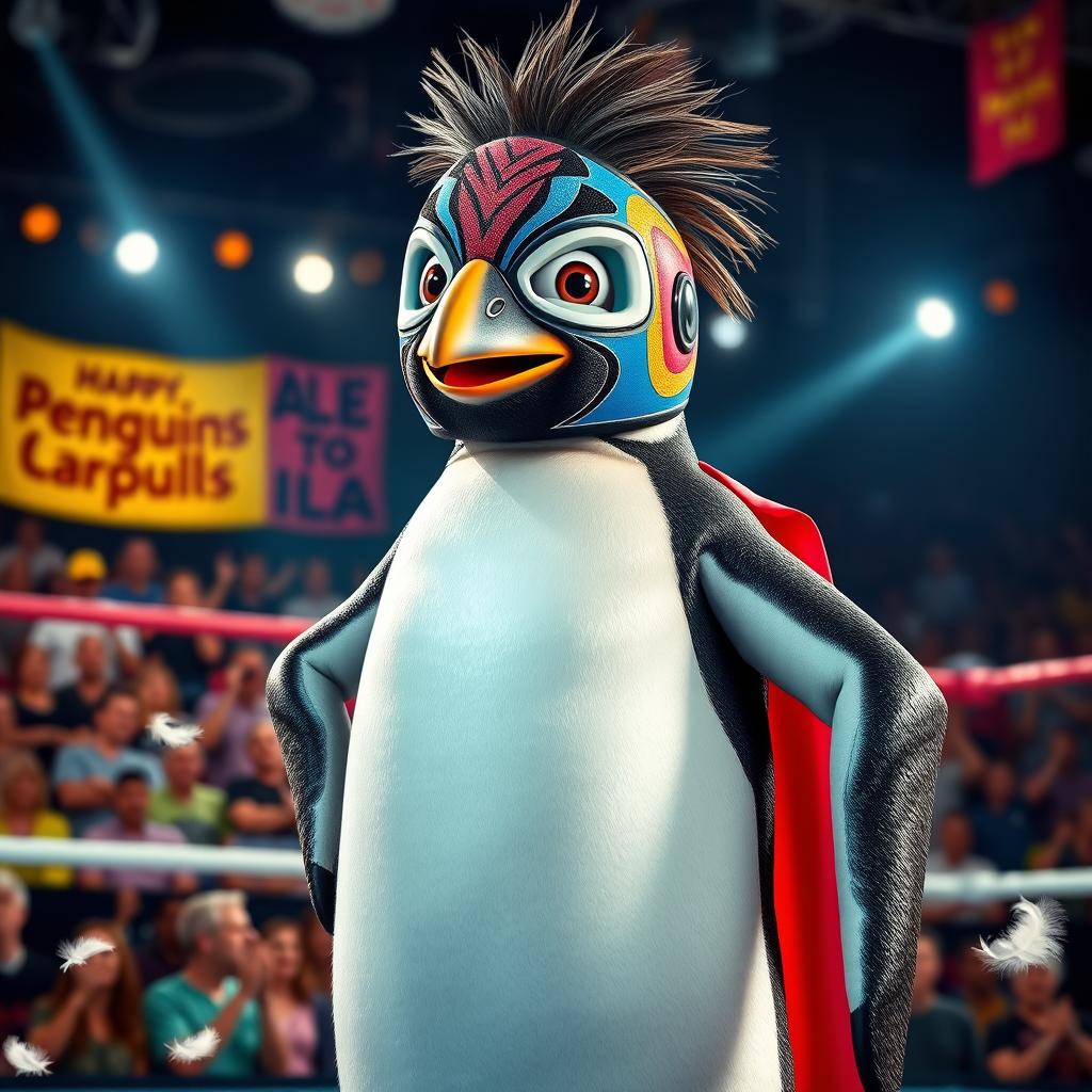 A wrestling penguin standing confidently, wearing a colorful wrestling mask, showcasing its intricate details