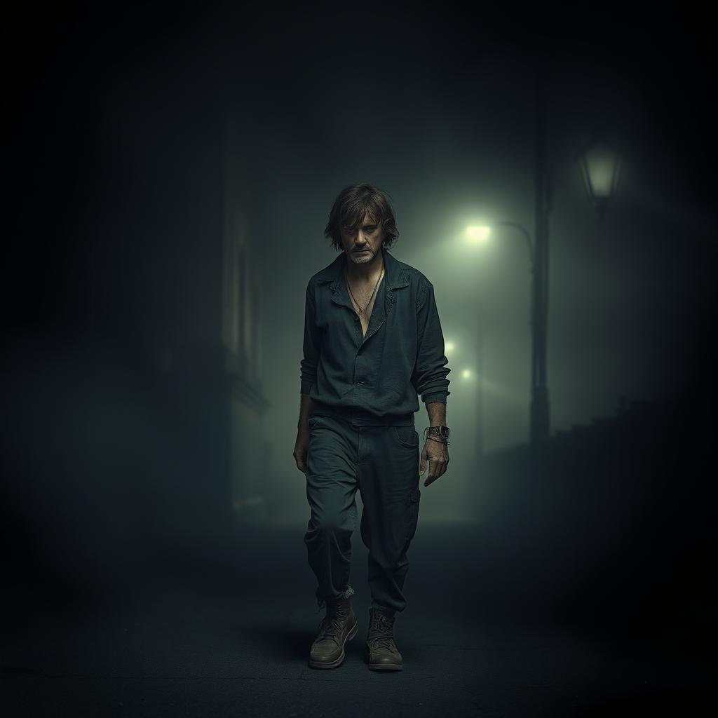 A solitary, forlorn man strolling down a dark, mist-filled street, dressed in ragged and tattered clothing, with a somber expression on his face