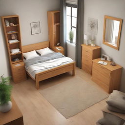 Generate an image of a small, cozy-style bedroom complete with a medium-sized bed, study table, standing fan, two floor cabinets, and two wardrobes.