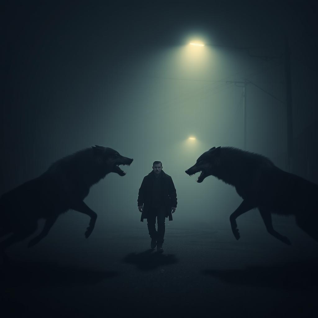 A solitary man walking down a dark, foggy street, surrounded by an eerie atmosphere