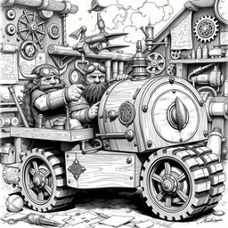 A highly detailed black and white drawing of dwarven engineers piloting a unique wooden vehicle powered by a steam boiler engine