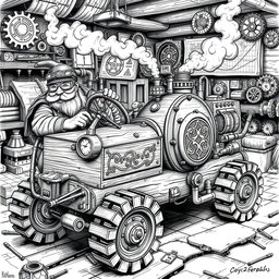 A highly detailed black and white drawing of dwarven engineers piloting a unique wooden vehicle powered by a steam boiler engine