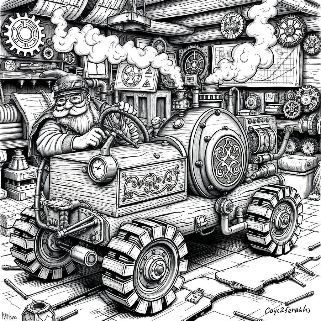 A highly detailed black and white drawing of dwarven engineers piloting a unique wooden vehicle powered by a steam boiler engine
