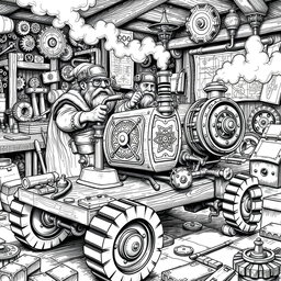 A highly detailed black and white drawing of dwarven engineers piloting a unique wooden vehicle powered by a steam boiler engine