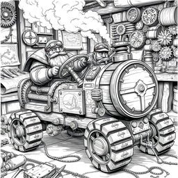 A highly detailed black and white drawing of dwarven engineers piloting a unique wooden vehicle powered by a steam boiler engine