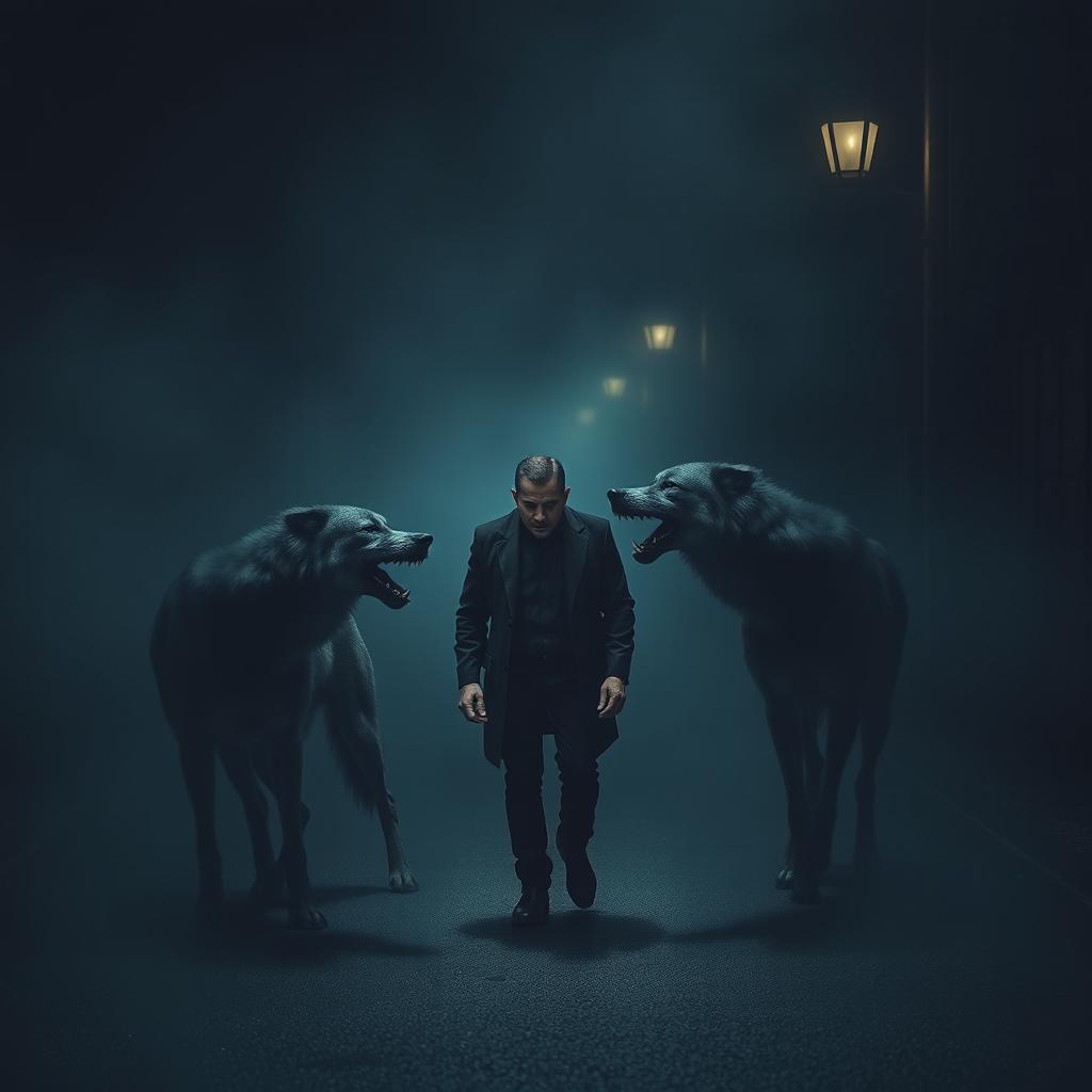 A solitary man walking in a dark, foggy street, surrounded by three wolves that are biting him