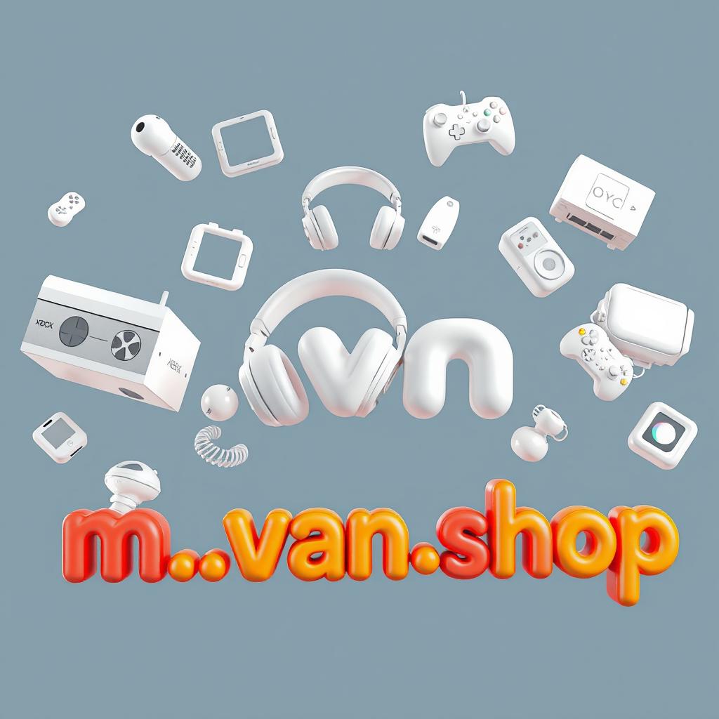 A modern 3D image featuring attractive, realistic floating and moving icons in space, composed of sleek, contemporary white 3D icons, including a detailed Xbox, realistic headphones, various gadgets, and a humanoid robot, all designed in a pop-out style
