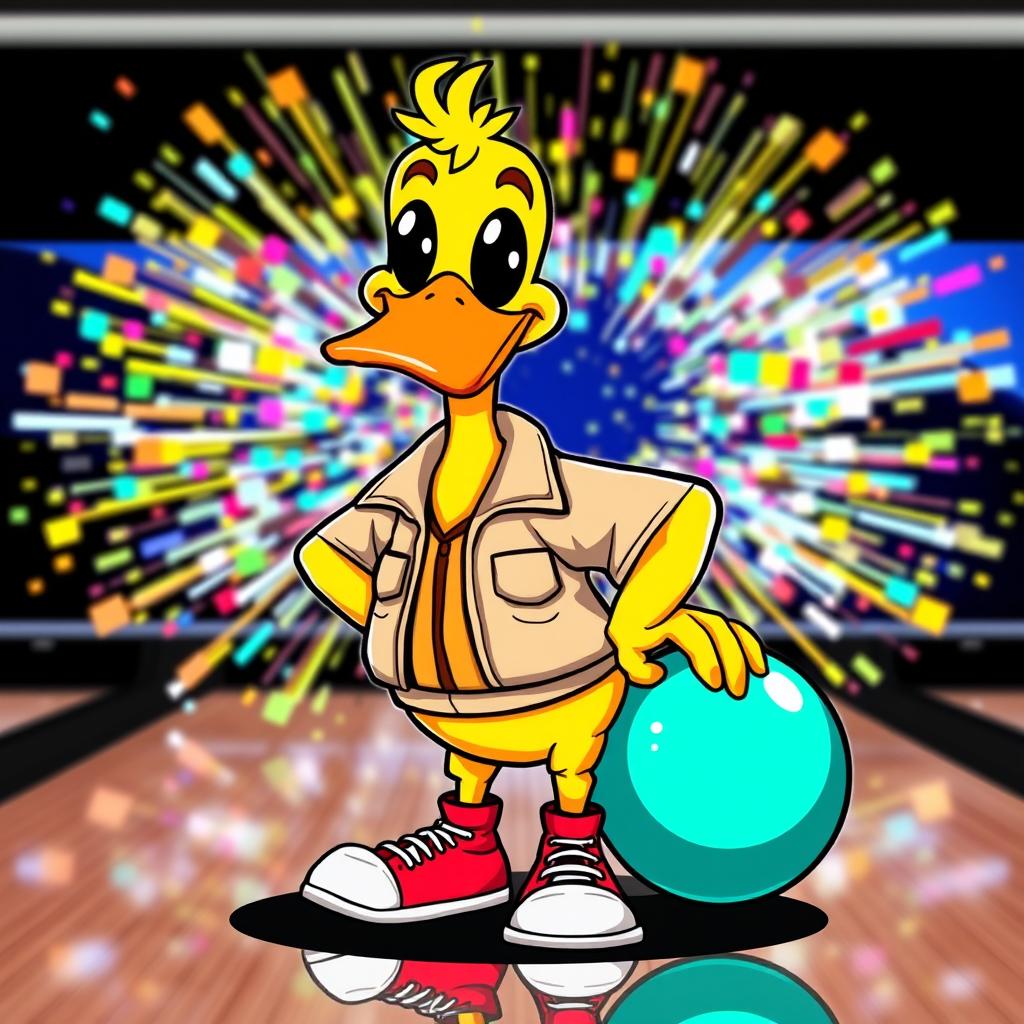 A cartoonish yellow duck character in a pixel art style, featuring a bright orange beak and round black eyes