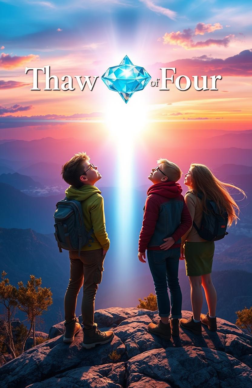 Four friends standing on a breathtaking mountain peak, three boys and one girl, gazing up at a dazzling gem floating above them, radiating vibrant light that casts a magical glow around