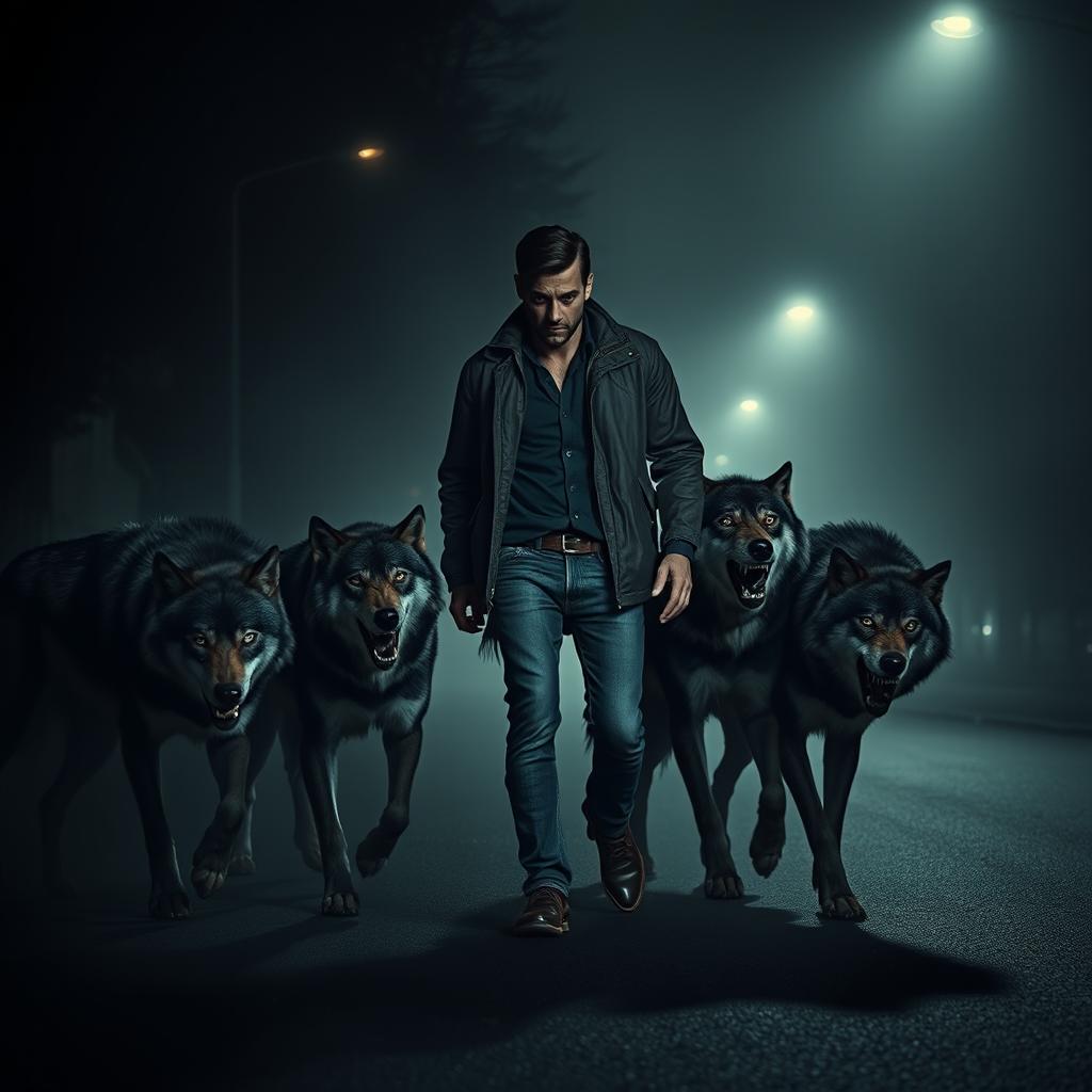 A lone man walking down a dark, foggy street, feeling overwhelmed by the presence of three wolves surrounding him and attempting to bite him