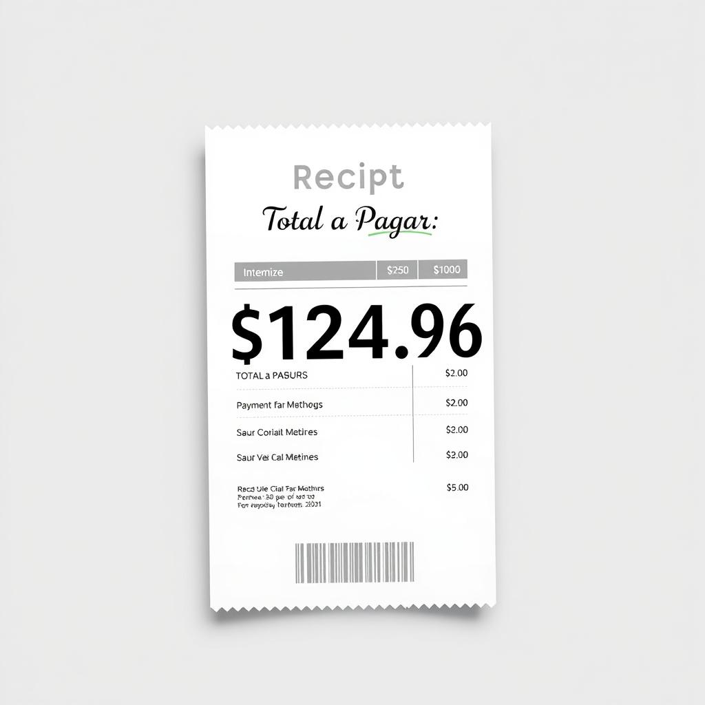 An elegant and modern receipt design, featuring the total amount due highlighted in bold, stating 'Total a Pagar: $124