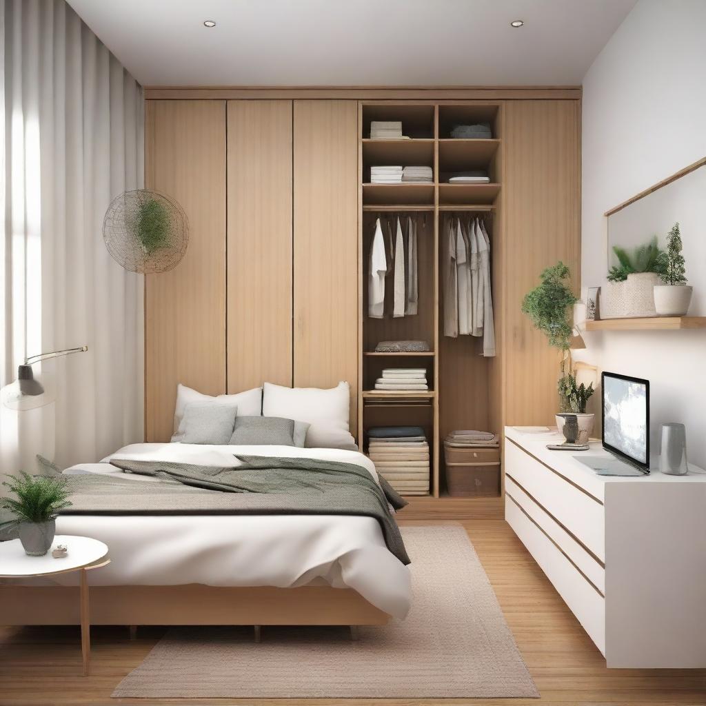 Generate an image of a small, cozy-style bedroom complete with a medium-sized bed, study table, standing fan, two floor cabinets, and two wardrobes.