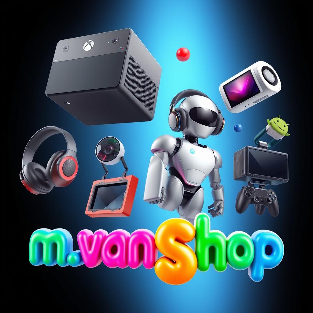 A modern 3D image featuring attractive floating and moving oversized realistic icons in space, composed of sleek, modern 3D designs including a large Xbox, realistic headphones, various gadgets, and a humanoid robot, all in a pop-out style
