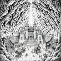 A highly detailed black and white drawing of a majestic dwarven underground palace situated in the center of a thriving city, all nestled within a gigantic cave