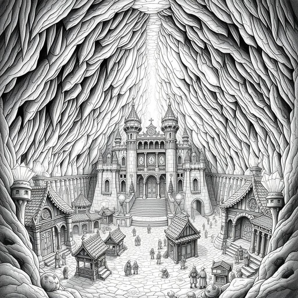 A highly detailed black and white drawing of a majestic dwarven underground palace situated in the center of a thriving city, all nestled within a gigantic cave
