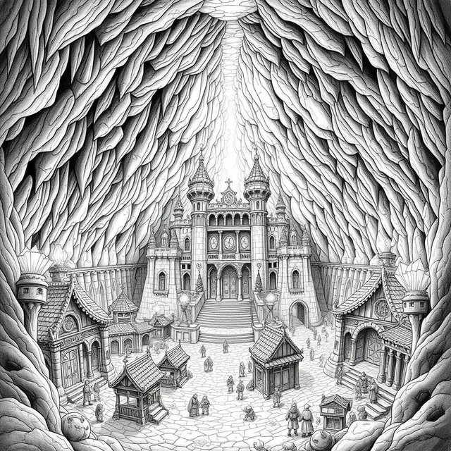 A highly detailed black and white drawing of a majestic dwarven underground palace situated in the center of a thriving city, all nestled within a gigantic cave