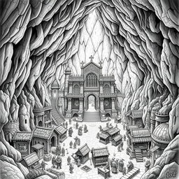 A highly detailed black and white drawing of a majestic dwarven underground palace situated in the center of a thriving city, all nestled within a gigantic cave