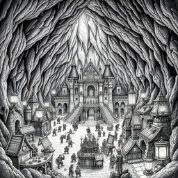 A highly detailed black and white drawing of a majestic dwarven underground palace situated in the center of a thriving city, all nestled within a gigantic cave