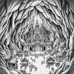 A highly detailed black and white drawing of a majestic dwarven underground palace situated in the center of a thriving city, all nestled within a gigantic cave