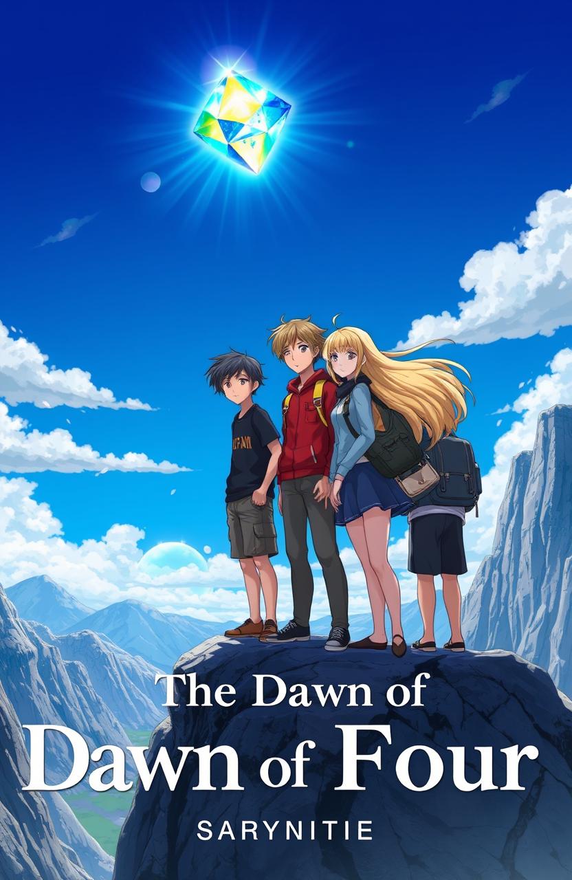 Four friends standing together on a majestic mountain peak