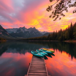 A breathtaking landscape at sunset, featuring a serene lake reflecting the vibrant orange and pink hues of the sky
