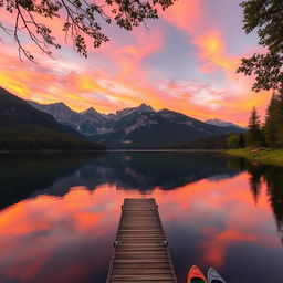 A breathtaking landscape at sunset, featuring a serene lake reflecting the vibrant orange and pink hues of the sky