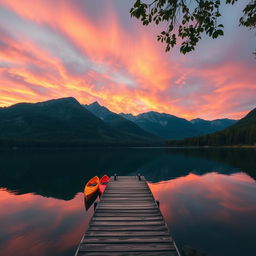 A breathtaking landscape at sunset, featuring a serene lake reflecting the vibrant orange and pink hues of the sky