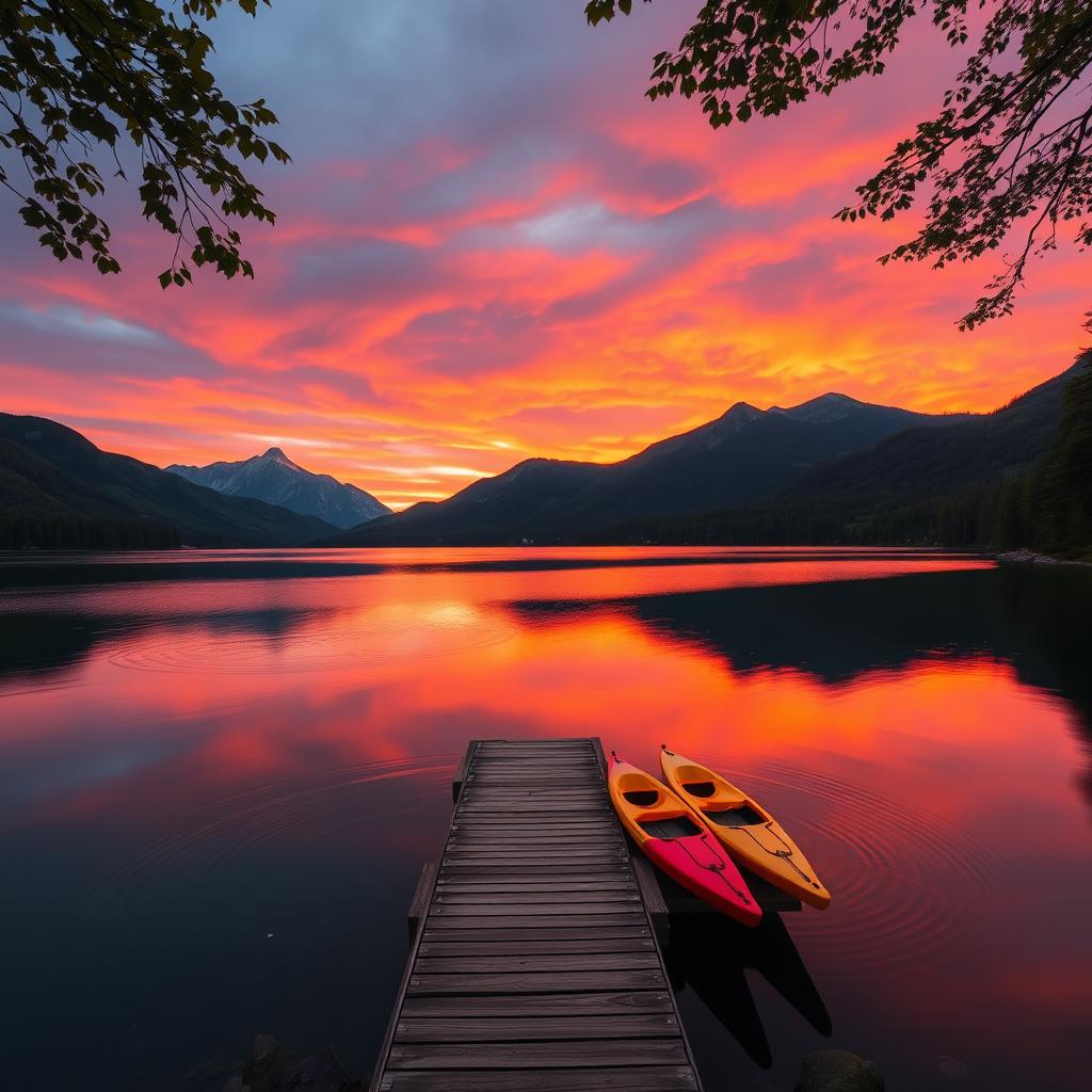 A breathtaking landscape at sunset, featuring a serene lake reflecting the vibrant orange and pink hues of the sky
