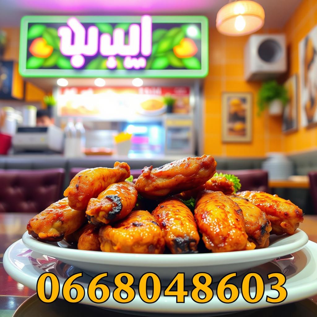 A lively restaurant scene featuring a charming display with the name (ابو العبد) prominently showcased