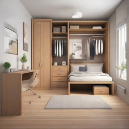 Generate an image of a small, cozy-style bedroom complete with a medium-sized bed, study table, standing fan, two floor cabinets, and two wardrobes.