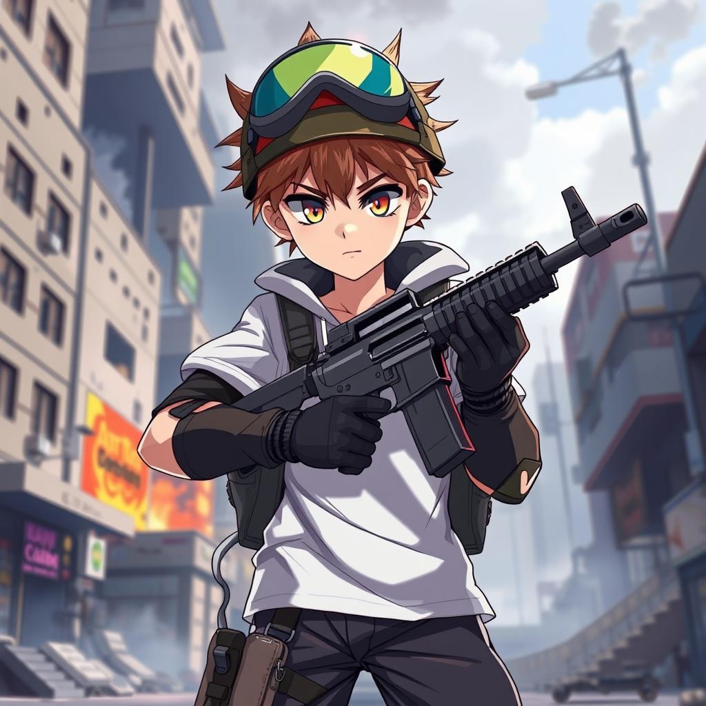 An anime-style illustration of a cool young male character inspired by Call of Duty Mobile, wearing a tactical outfit including combat boots and a helmet with a visor