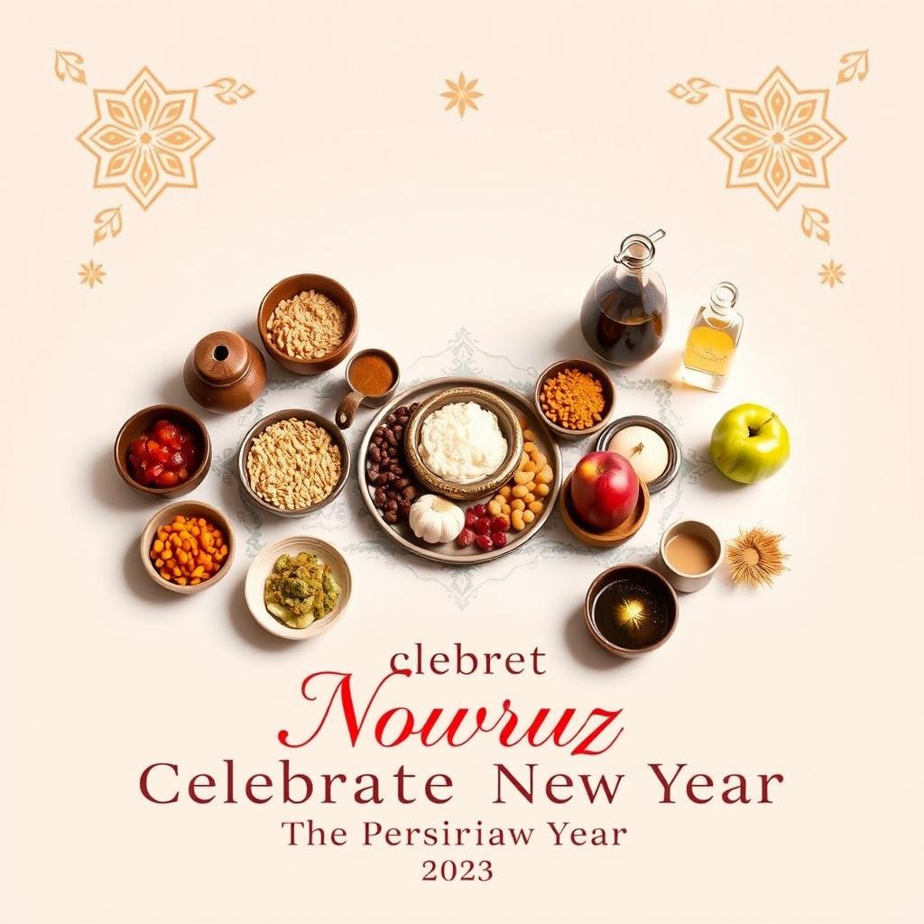 A beautifully designed promotional poster featuring an Iranian Haft-Seen table, elegantly arranged with traditional items including sabzeh (sprouted wheat or lentils), samanu (sweet pudding), senjed (dried fruit), seer (garlic), seeb (apple), somāq (sumac), and serkeh (vinegar), all beautifully presented