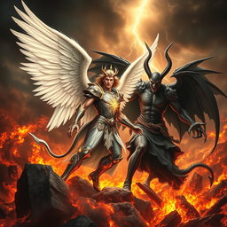 An epic battle scene depicting Lucifer and Satan, set in a dramatic, fiery landscape with dark clouds and flashes of lightning illuminating the sky