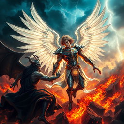 An epic battle scene depicting Lucifer and Satan, set in a dramatic, fiery landscape with dark clouds and flashes of lightning illuminating the sky