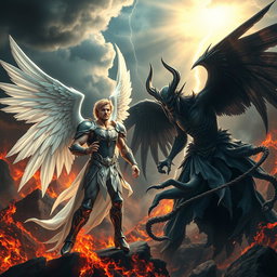 An epic battle scene depicting Lucifer and Satan, set in a dramatic, fiery landscape with dark clouds and flashes of lightning illuminating the sky