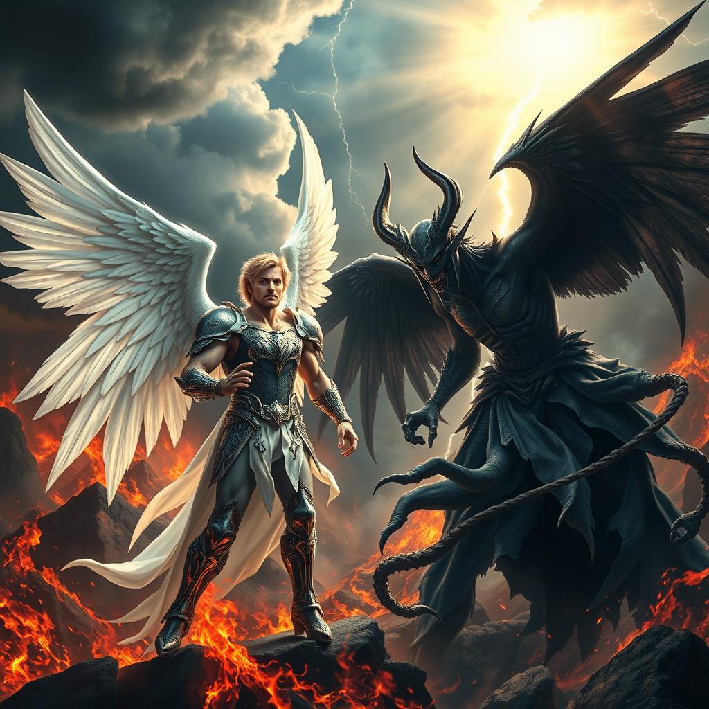 An epic battle scene depicting Lucifer and Satan, set in a dramatic, fiery landscape with dark clouds and flashes of lightning illuminating the sky