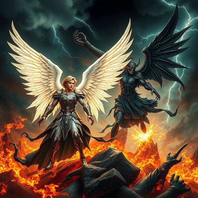 An epic battle scene depicting Lucifer and Satan, set in a dramatic, fiery landscape with dark clouds and flashes of lightning illuminating the sky