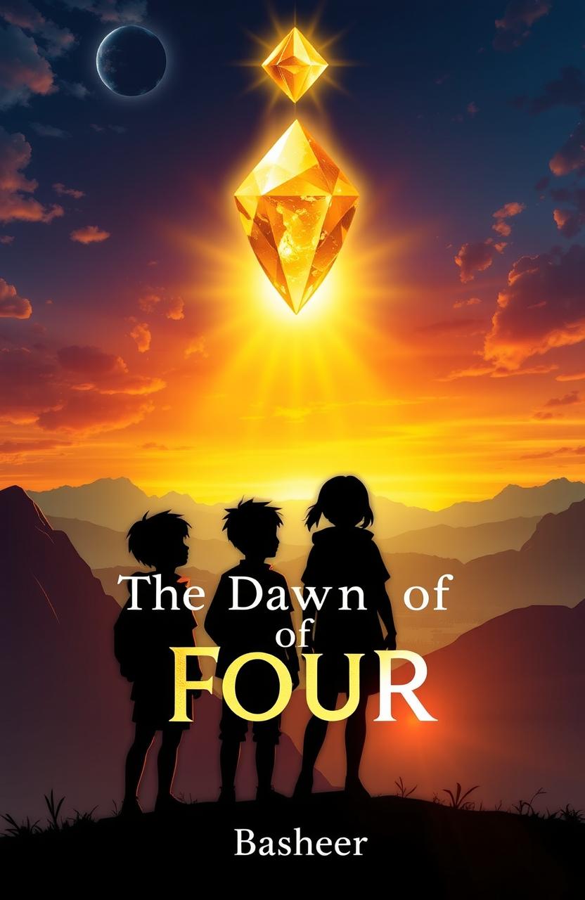 A silhouette of four friends standing on a mountain ridge